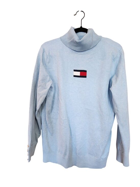 Tommy Hilfiger Tops - Tommy Hilfiger Light Blue Turtleneck Sweater With Logo Embroidery & Button Cuff